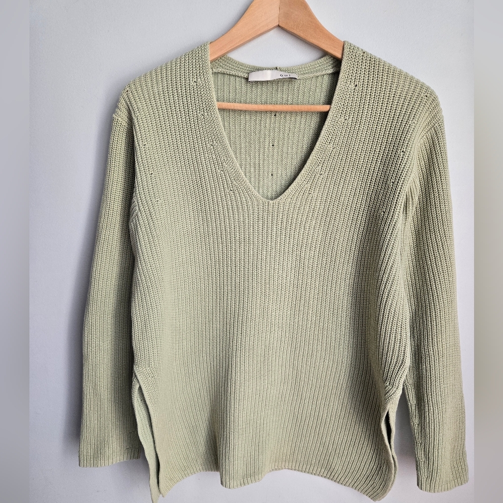 OUI V-Neck Cotton Knit Sweater - Light Sage Green